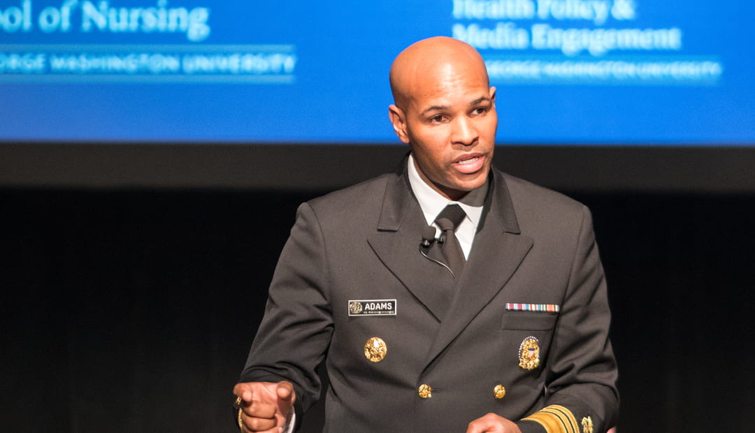U.S. Surgeon General Vice Admiral Jerome M. Adams speaks at GW's Foggy Bottom campus at the launch of the Health Policy Leadership Lecture Series.